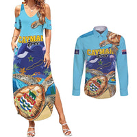 Cayman Brac Map Sea Turtle Couples Matching Summer Maxi Dress and Long Sleeve Button Shirt Ocean Vibes