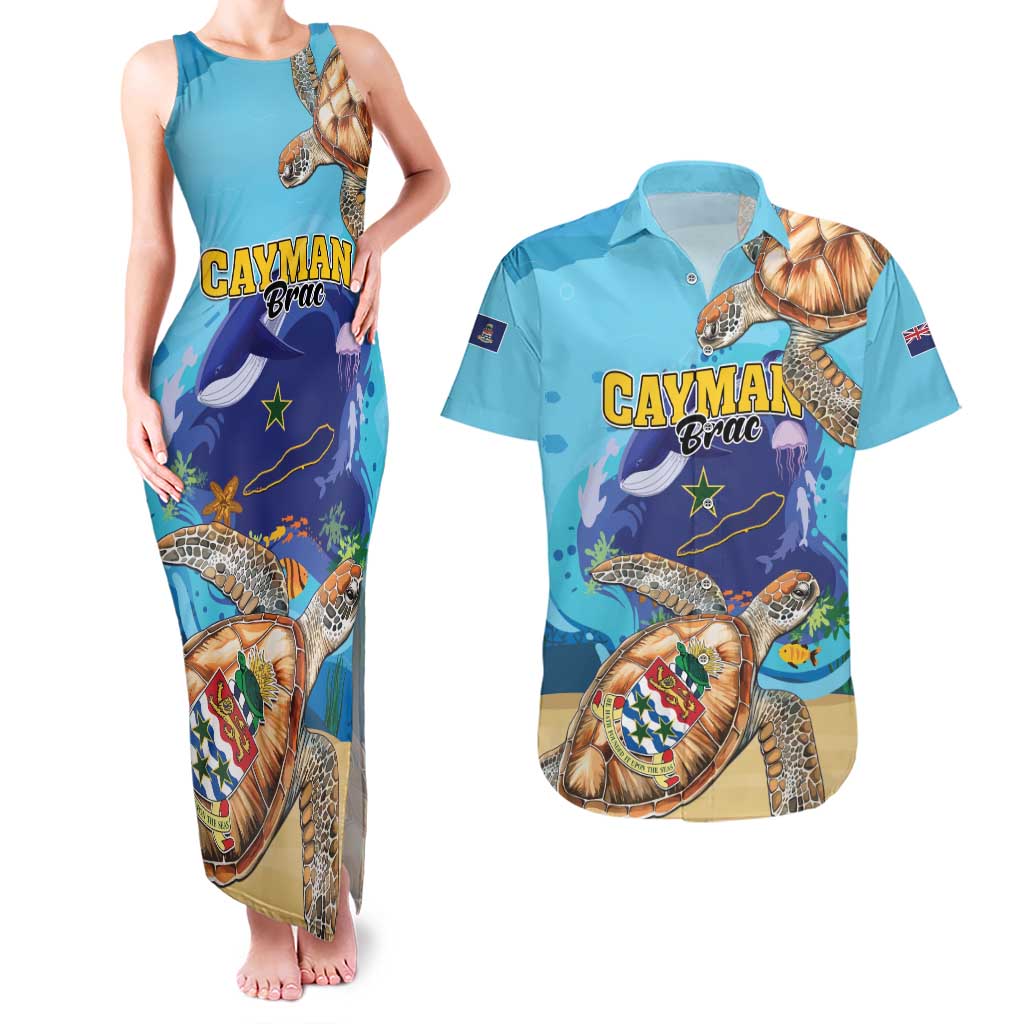 Cayman Brac Map Sea Turtle Couples Matching Tank Maxi Dress and Hawaiian Shirt Ocean Vibes