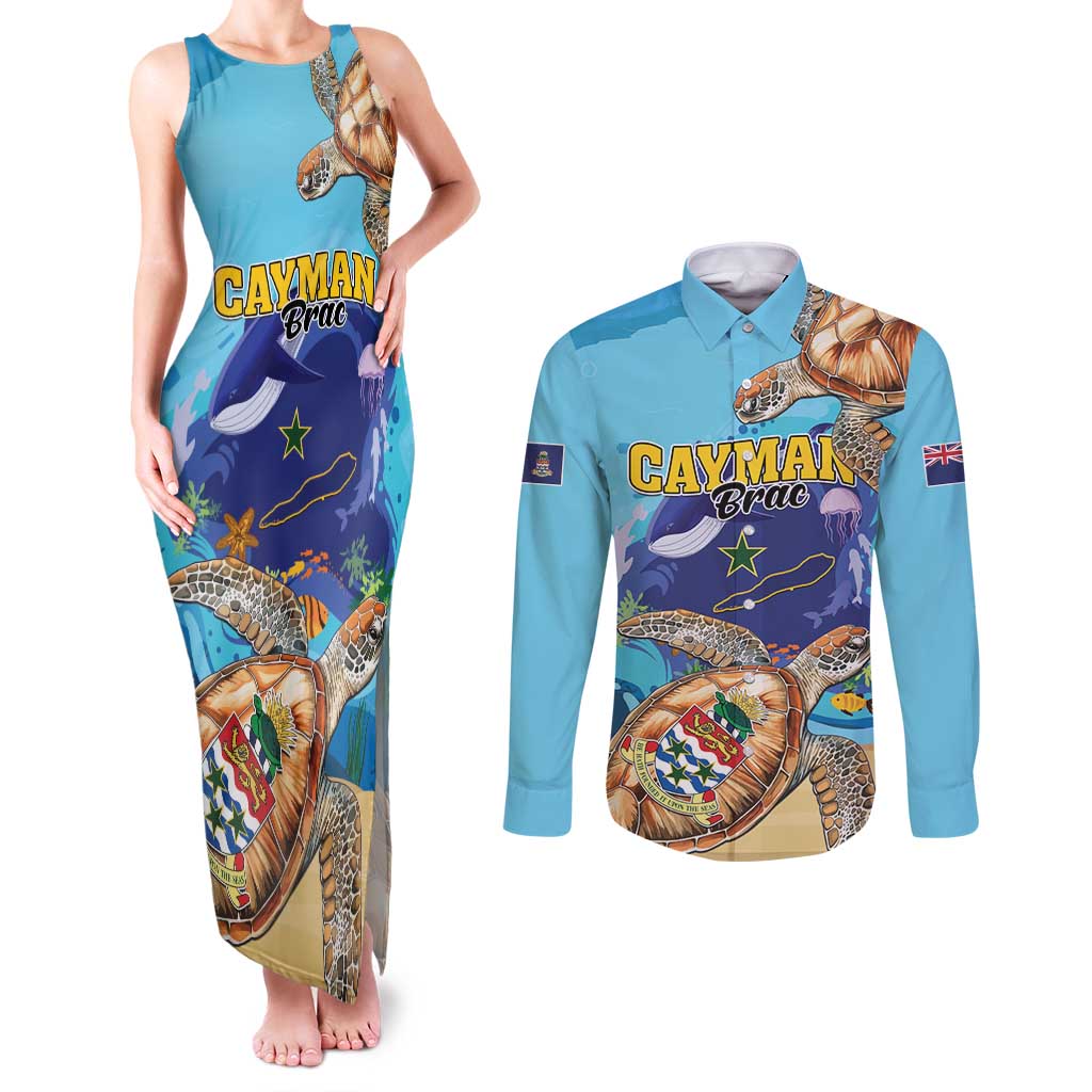 Cayman Brac Map Sea Turtle Couples Matching Tank Maxi Dress and Long Sleeve Button Shirt Ocean Vibes
