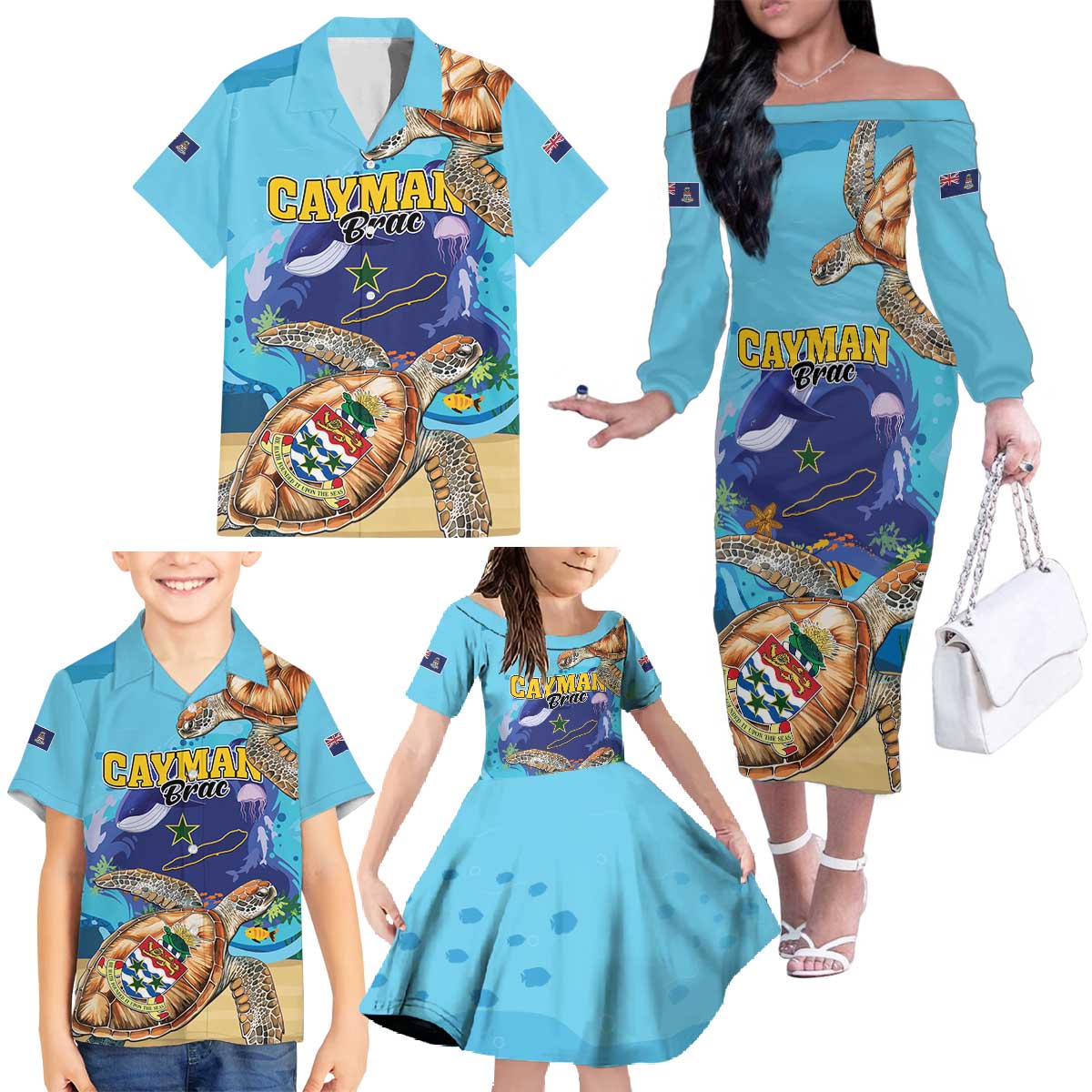 Cayman Brac Map Sea Turtle Family Matching Off The Shoulder Long Sleeve Dress and Hawaiian Shirt Ocean Vibes