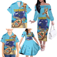 Cayman Brac Map Sea Turtle Family Matching Off The Shoulder Long Sleeve Dress and Hawaiian Shirt Ocean Vibes