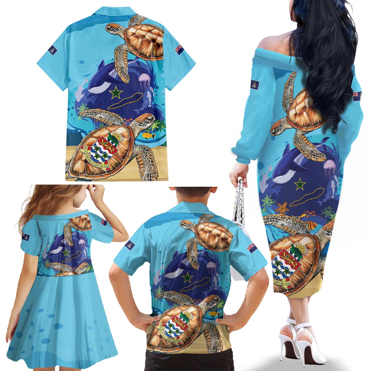Cayman Brac Map Sea Turtle Family Matching Off The Shoulder Long Sleeve Dress and Hawaiian Shirt Ocean Vibes