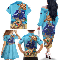 Cayman Brac Map Sea Turtle Family Matching Off The Shoulder Long Sleeve Dress and Hawaiian Shirt Ocean Vibes