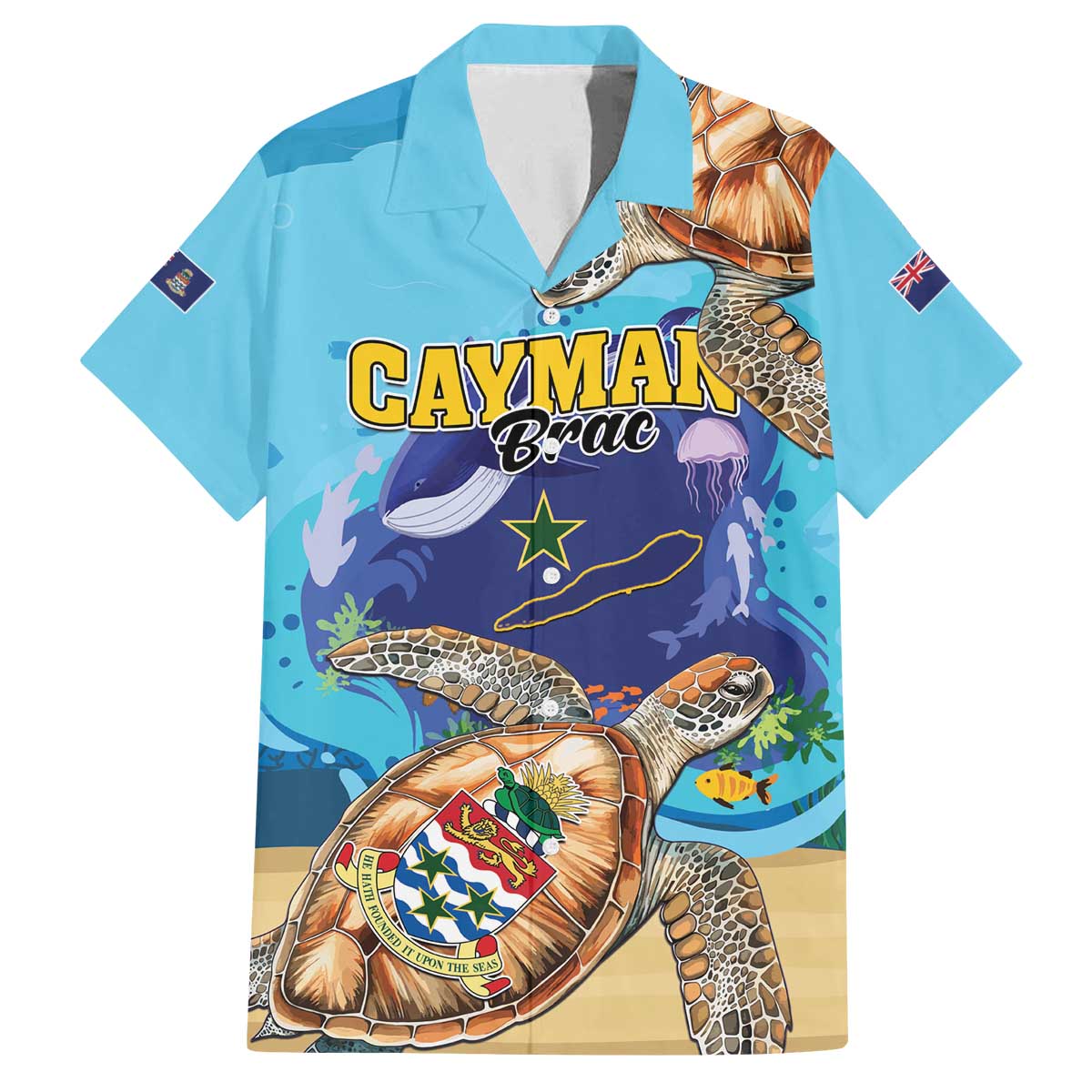 Cayman Brac Map Sea Turtle Family Matching Off The Shoulder Long Sleeve Dress and Hawaiian Shirt Ocean Vibes