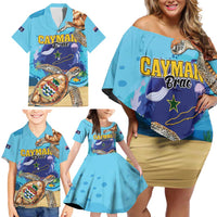 Cayman Brac Map Sea Turtle Family Matching Off Shoulder Short Dress and Hawaiian Shirt Ocean Vibes