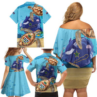 Cayman Brac Map Sea Turtle Family Matching Off Shoulder Short Dress and Hawaiian Shirt Ocean Vibes
