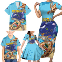 Cayman Brac Map Sea Turtle Family Matching Short Sleeve Bodycon Dress and Hawaiian Shirt Ocean Vibes