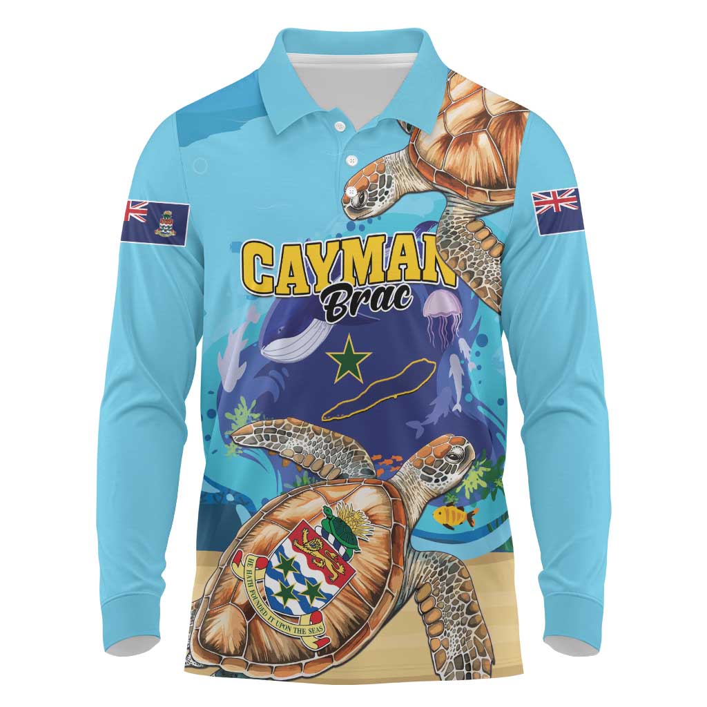 Cayman Brac Map Sea Turtle Long Sleeve Polo Shirt Ocean Vibes