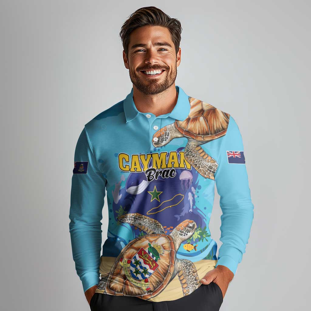 Cayman Brac Map Sea Turtle Long Sleeve Polo Shirt Ocean Vibes