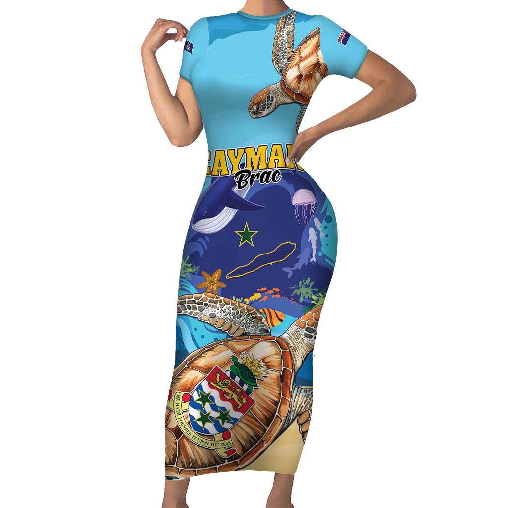 Cayman Brac Map Sea Turtle Short Sleeve Bodycon Dress Ocean Vibes