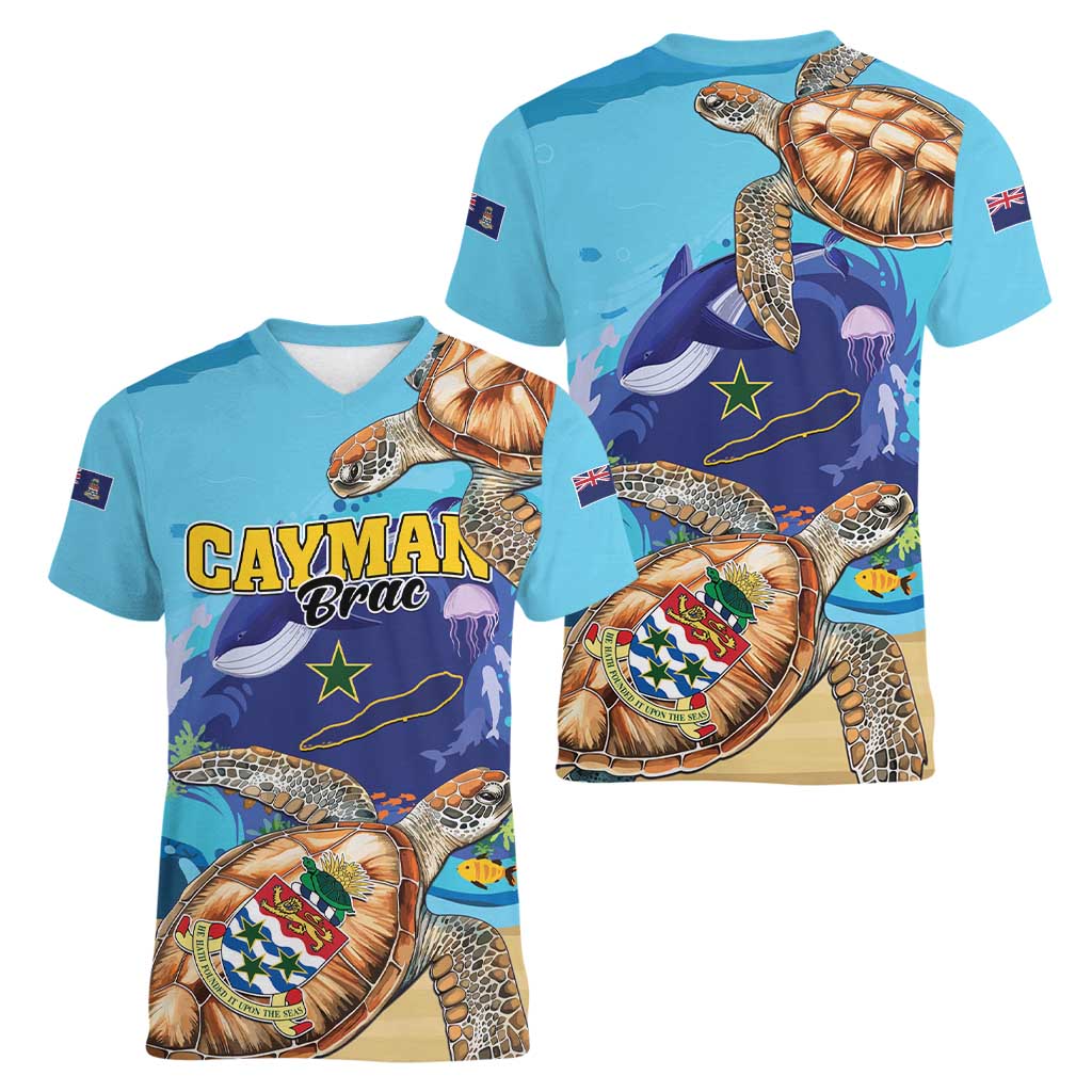 Cayman Brac Map Sea Turtle Women V-Neck T-Shirt Ocean Vibes