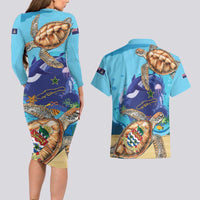 Little Cayman Map Sea Turtle Couples Matching Long Sleeve Bodycon Dress and Hawaiian Shirt Ocean Vibes
