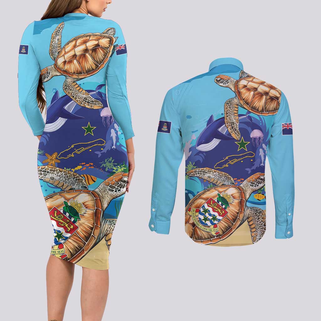 Little Cayman Map Sea Turtle Couples Matching Long Sleeve Bodycon Dress and Long Sleeve Button Shirt Ocean Vibes