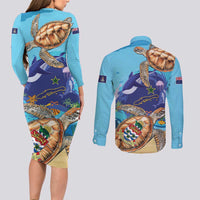 Little Cayman Map Sea Turtle Couples Matching Long Sleeve Bodycon Dress and Long Sleeve Button Shirt Ocean Vibes