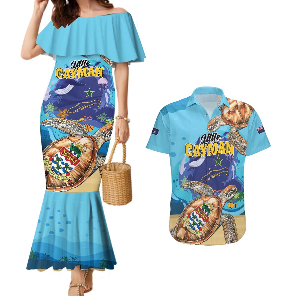 Little Cayman Map Sea Turtle Couples Matching Mermaid Dress and Hawaiian Shirt Ocean Vibes