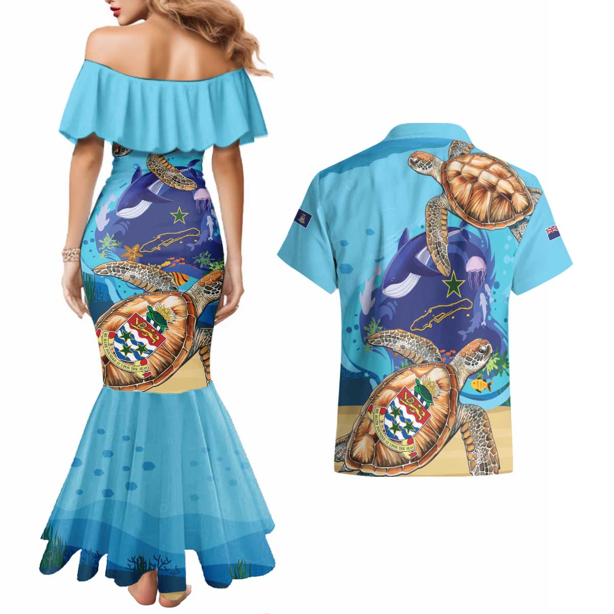 Little Cayman Map Sea Turtle Couples Matching Mermaid Dress and Hawaiian Shirt Ocean Vibes