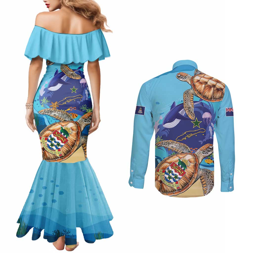 Little Cayman Map Sea Turtle Couples Matching Mermaid Dress and Long Sleeve Button Shirt Ocean Vibes