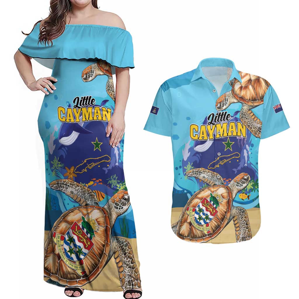 Little Cayman Map Sea Turtle Couples Matching Off Shoulder Maxi Dress and Hawaiian Shirt Ocean Vibes