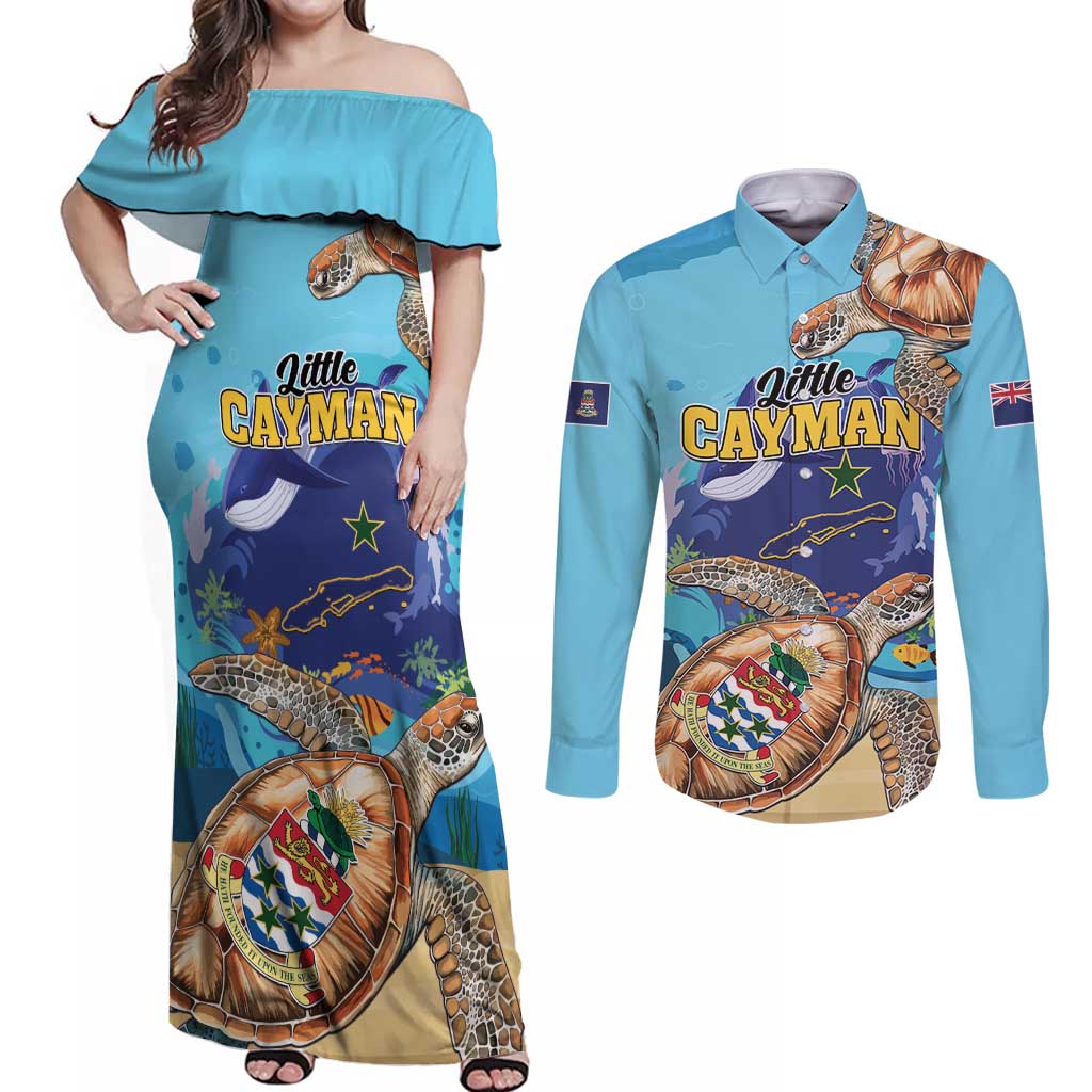 Little Cayman Map Sea Turtle Couples Matching Off Shoulder Maxi Dress and Long Sleeve Button Shirt Ocean Vibes
