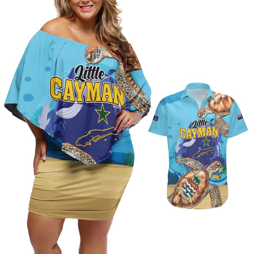Little Cayman Map Sea Turtle Couples Matching Off Shoulder Short Dress and Hawaiian Shirt Ocean Vibes