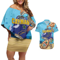 Little Cayman Map Sea Turtle Couples Matching Off Shoulder Short Dress and Hawaiian Shirt Ocean Vibes