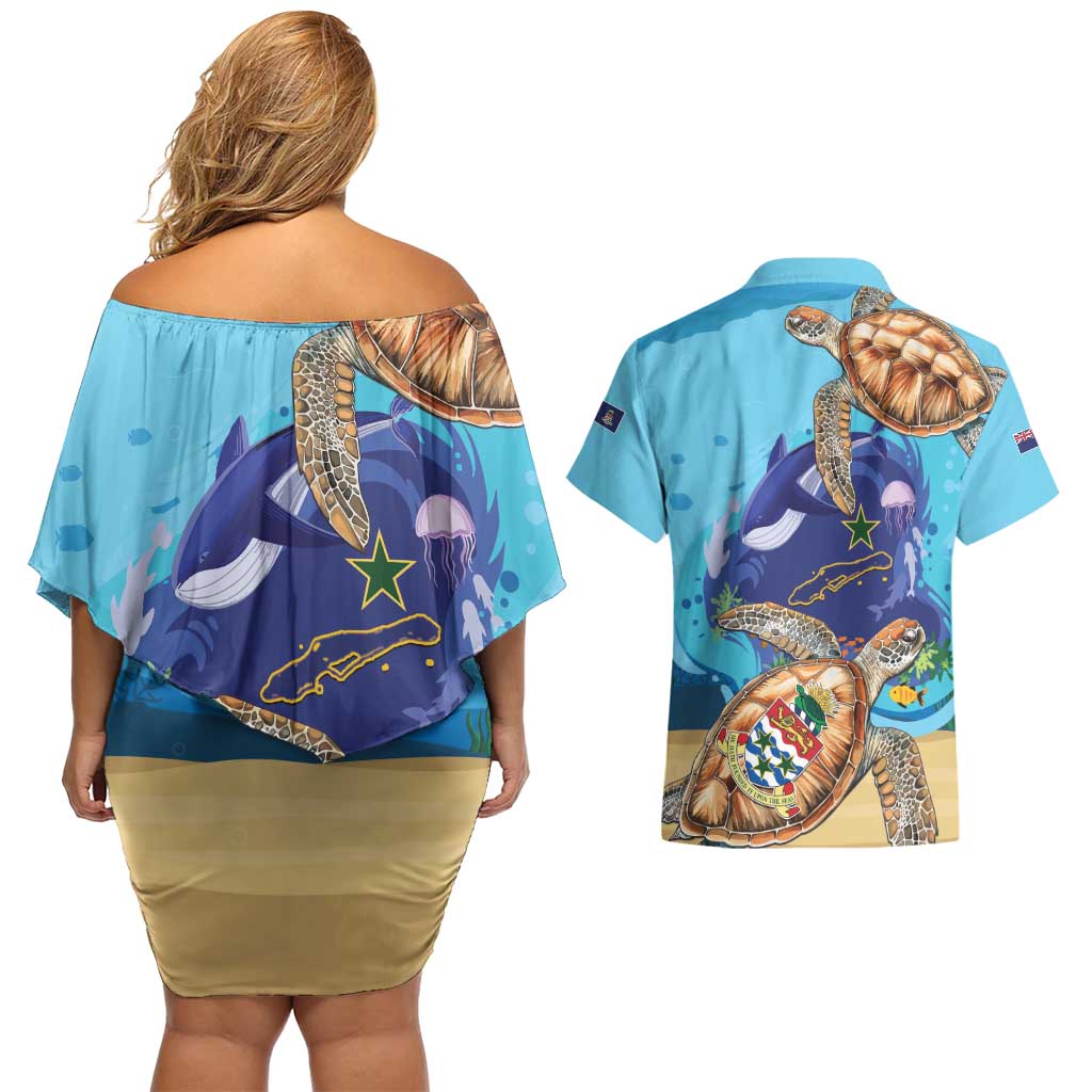 Little Cayman Map Sea Turtle Couples Matching Off Shoulder Short Dress and Hawaiian Shirt Ocean Vibes