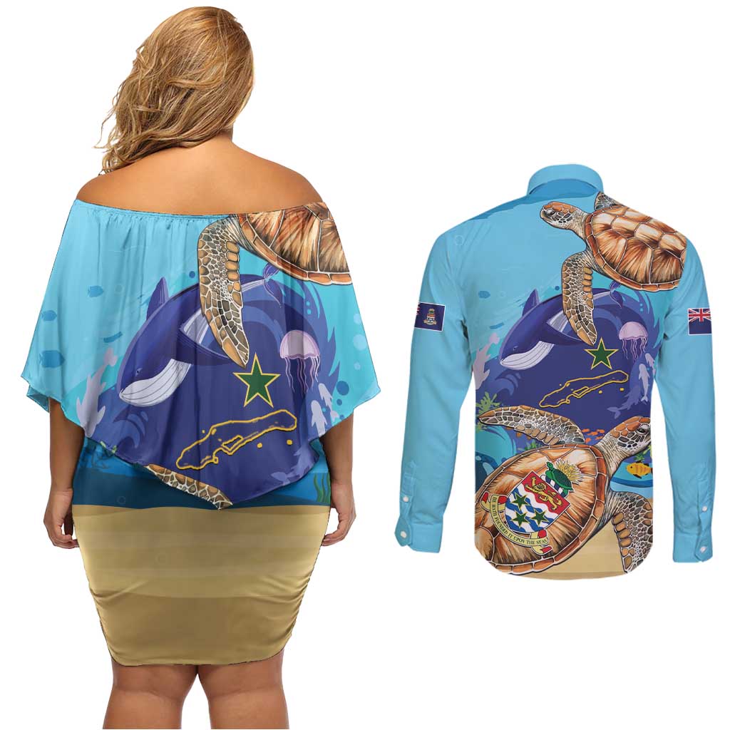 Little Cayman Map Sea Turtle Couples Matching Off Shoulder Short Dress and Long Sleeve Button Shirt Ocean Vibes