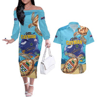 Little Cayman Map Sea Turtle Couples Matching Off The Shoulder Long Sleeve Dress and Hawaiian Shirt Ocean Vibes