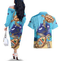 Little Cayman Map Sea Turtle Couples Matching Off The Shoulder Long Sleeve Dress and Hawaiian Shirt Ocean Vibes