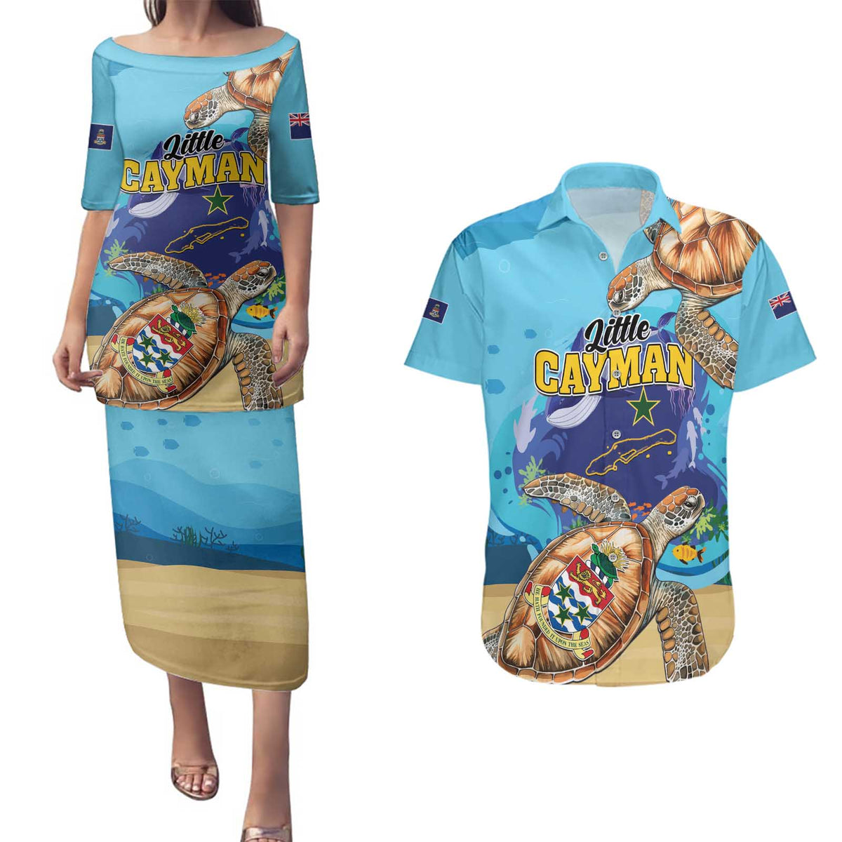 Little Cayman Map Sea Turtle Couples Matching Puletasi and Hawaiian Shirt Ocean Vibes