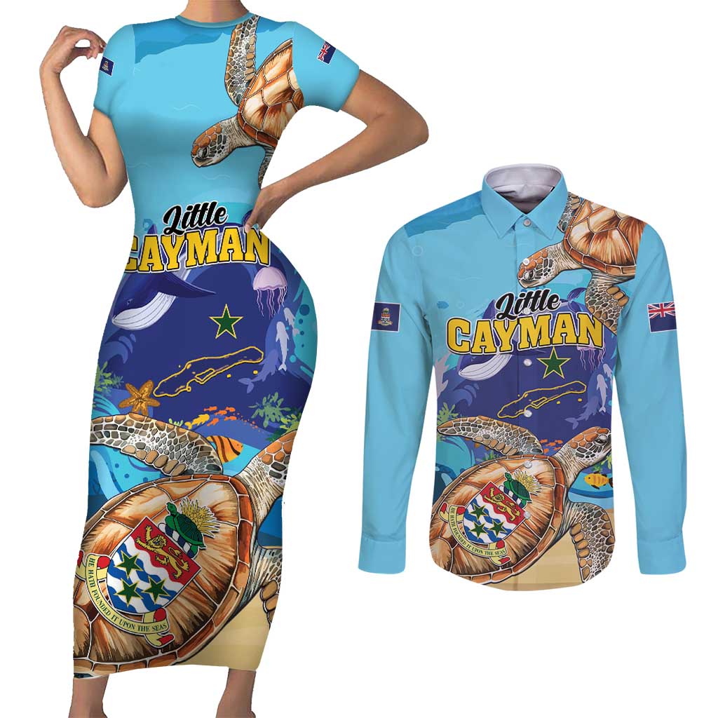 Little Cayman Map Sea Turtle Couples Matching Short Sleeve Bodycon Dress and Long Sleeve Button Shirt Ocean Vibes