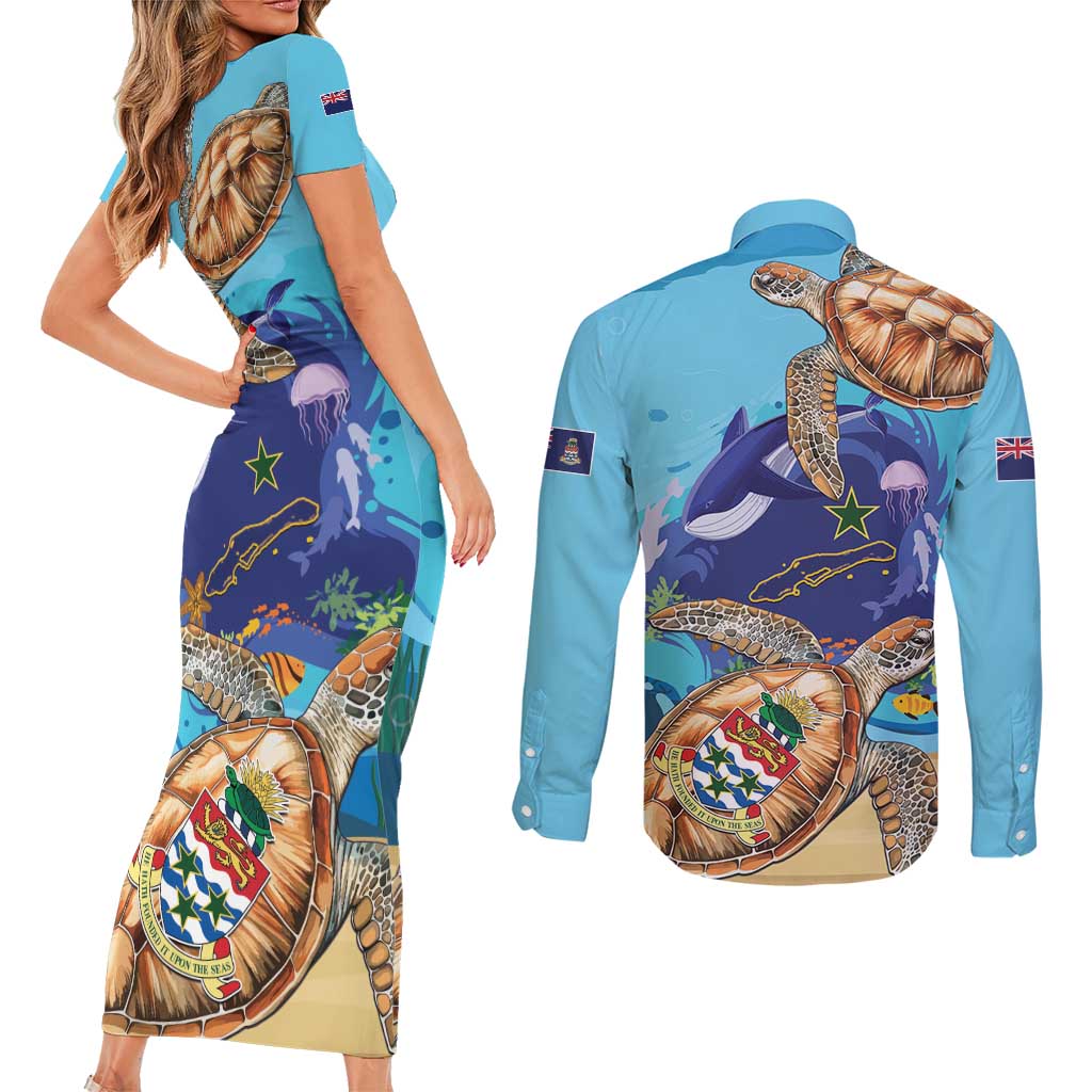 Little Cayman Map Sea Turtle Couples Matching Short Sleeve Bodycon Dress and Long Sleeve Button Shirt Ocean Vibes