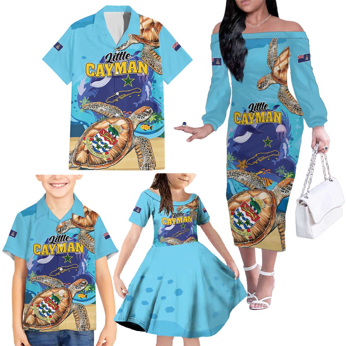 Little Cayman Map Sea Turtle Family Matching Off The Shoulder Long Sleeve Dress and Hawaiian Shirt Ocean Vibes