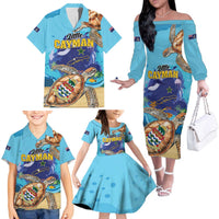 Little Cayman Map Sea Turtle Family Matching Off The Shoulder Long Sleeve Dress and Hawaiian Shirt Ocean Vibes