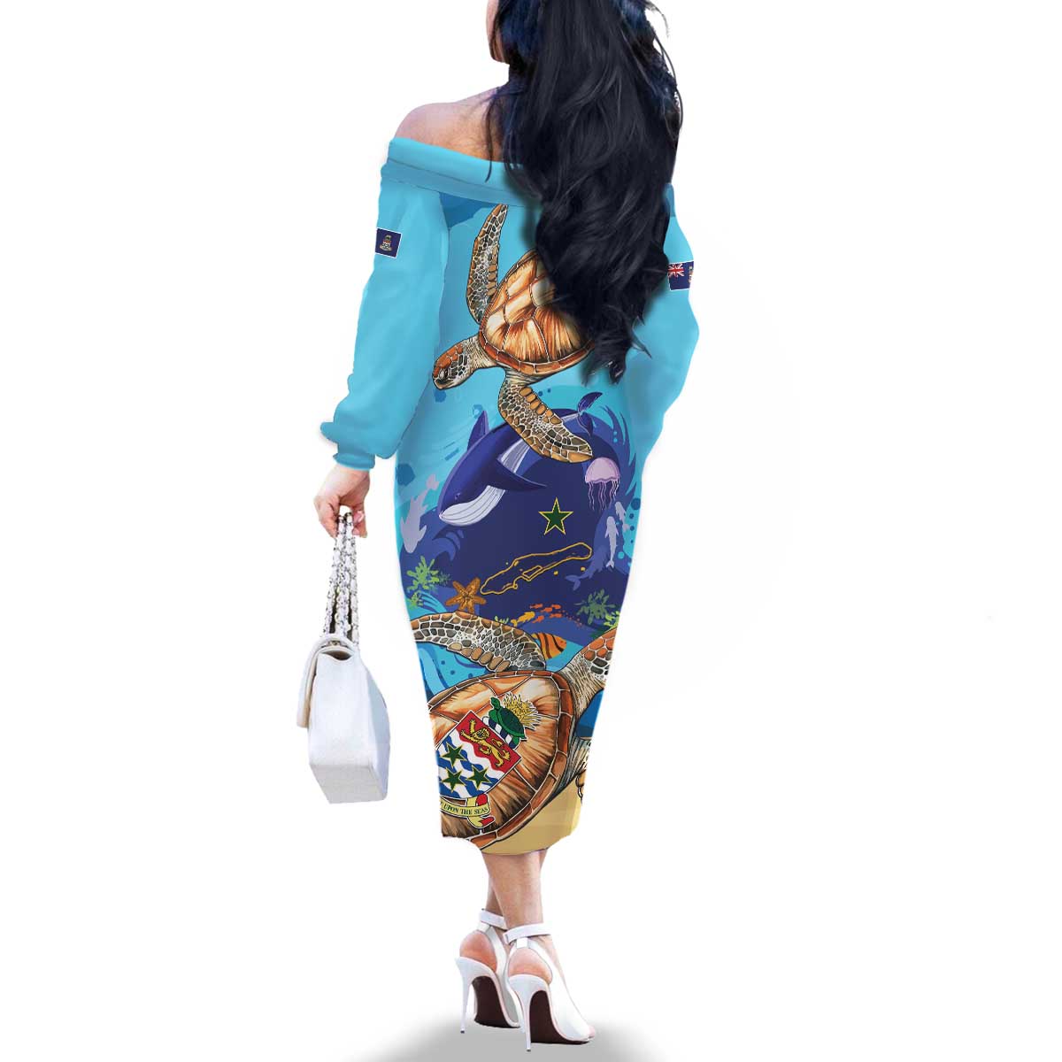 Little Cayman Map Sea Turtle Family Matching Off The Shoulder Long Sleeve Dress and Hawaiian Shirt Ocean Vibes