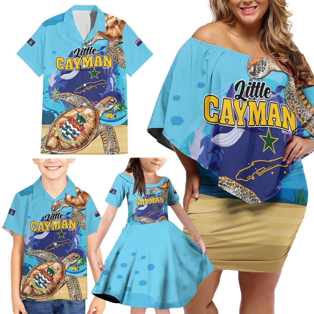 Little Cayman Map Sea Turtle Family Matching Off Shoulder Short Dress and Hawaiian Shirt Ocean Vibes