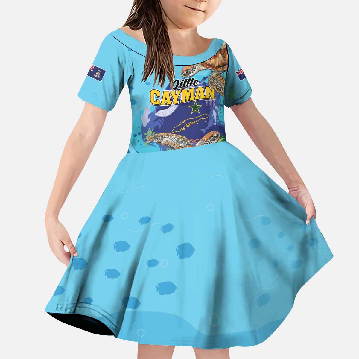 Little Cayman Map Sea Turtle Kid Short Sleeve Dress Ocean Vibes