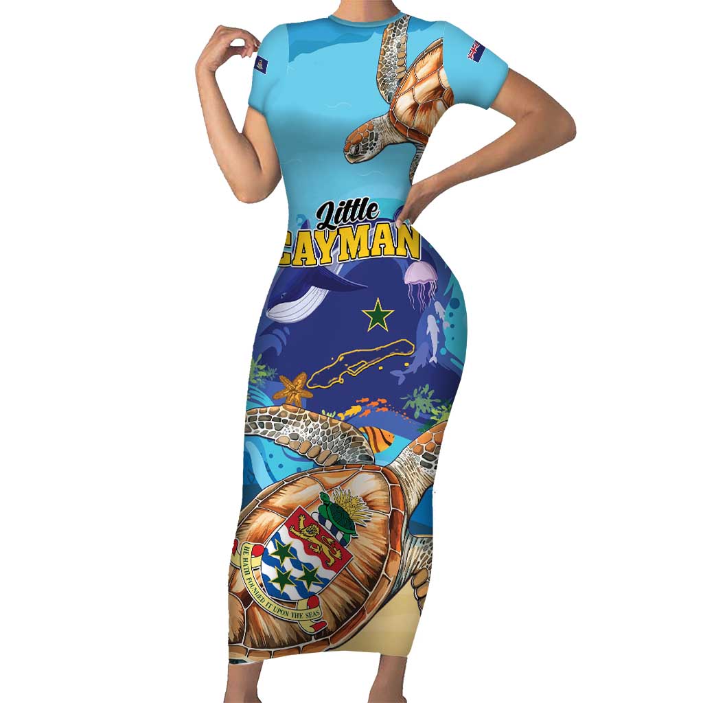 Little Cayman Map Sea Turtle Short Sleeve Bodycon Dress Ocean Vibes