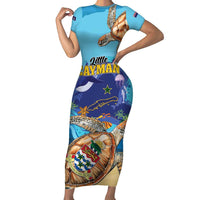 Little Cayman Map Sea Turtle Short Sleeve Bodycon Dress Ocean Vibes