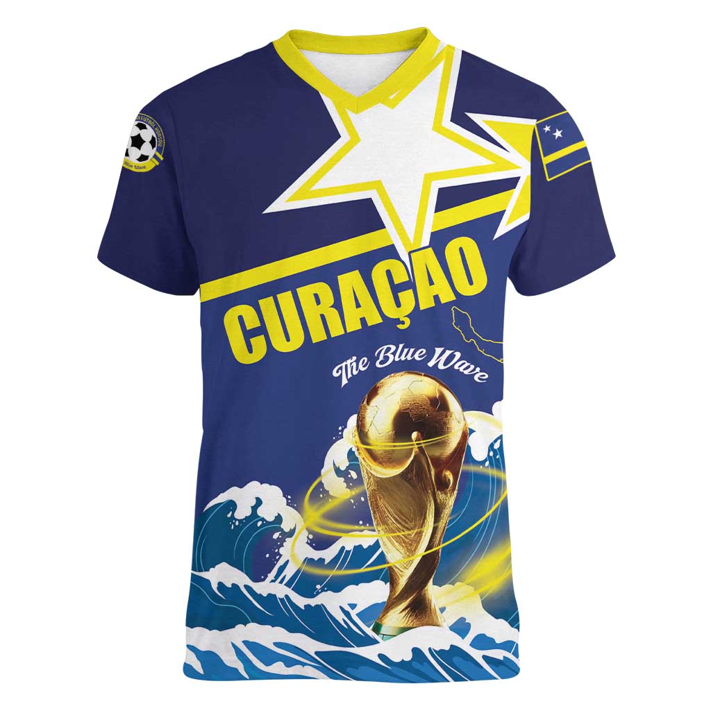 Custom Football 2026 Curacao Women V-Neck T-Shirt The Blue Wave Come On