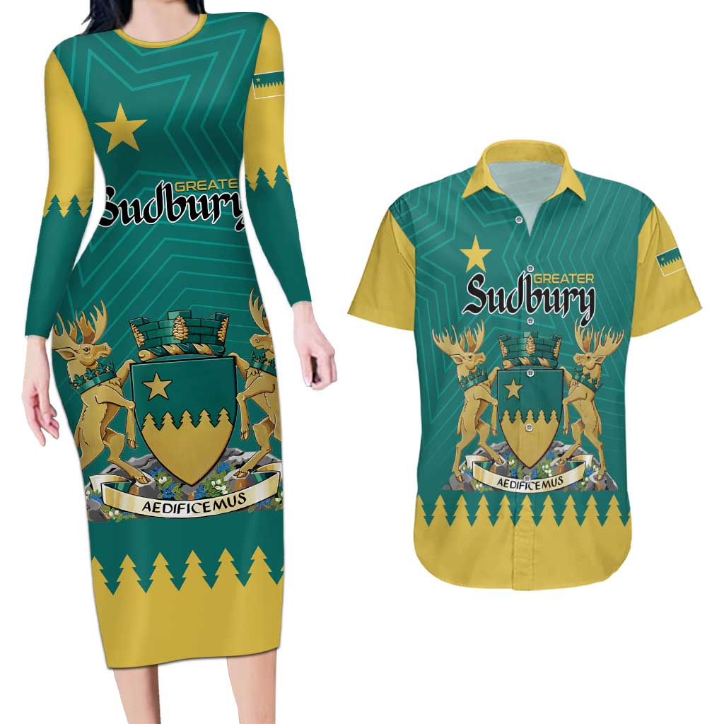 Personalised Canada Greater Sudbury Couples Matching Long Sleeve Bodycon Dress and Hawaiian Shirt The Nickel Capital Aedificemus