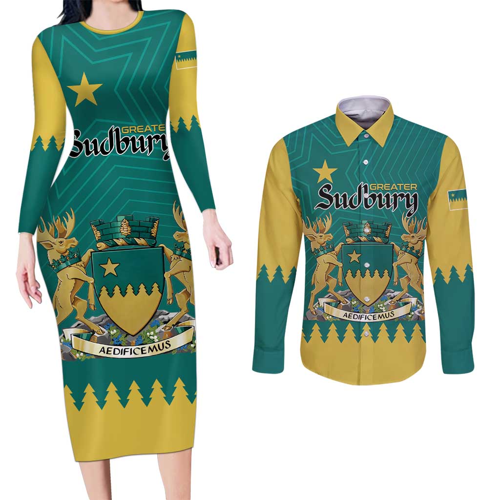 Personalised Canada Greater Sudbury Couples Matching Long Sleeve Bodycon Dress and Long Sleeve Button Shirt The Nickel Capital Aedificemus