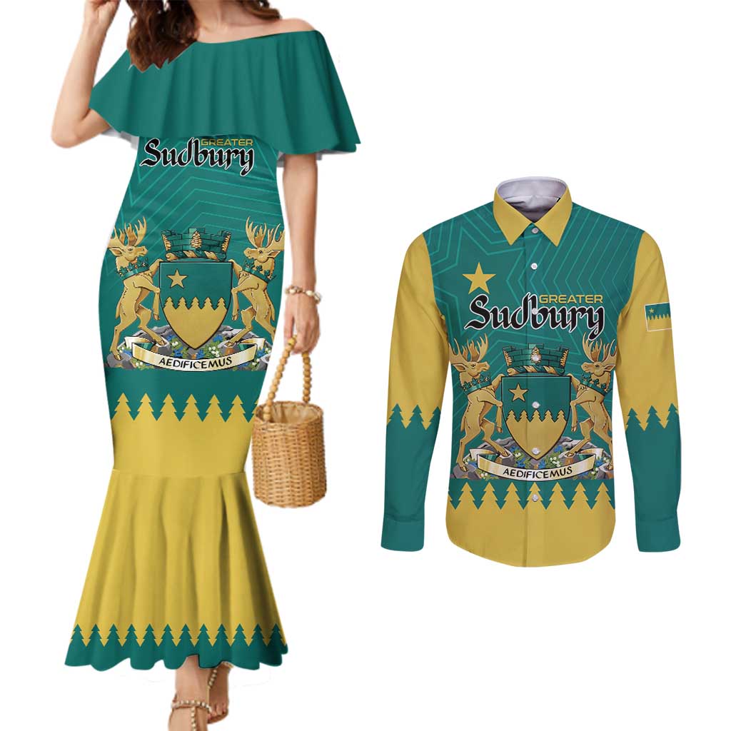 Personalised Canada Greater Sudbury Couples Matching Mermaid Dress and Long Sleeve Button Shirt The Nickel Capital Aedificemus