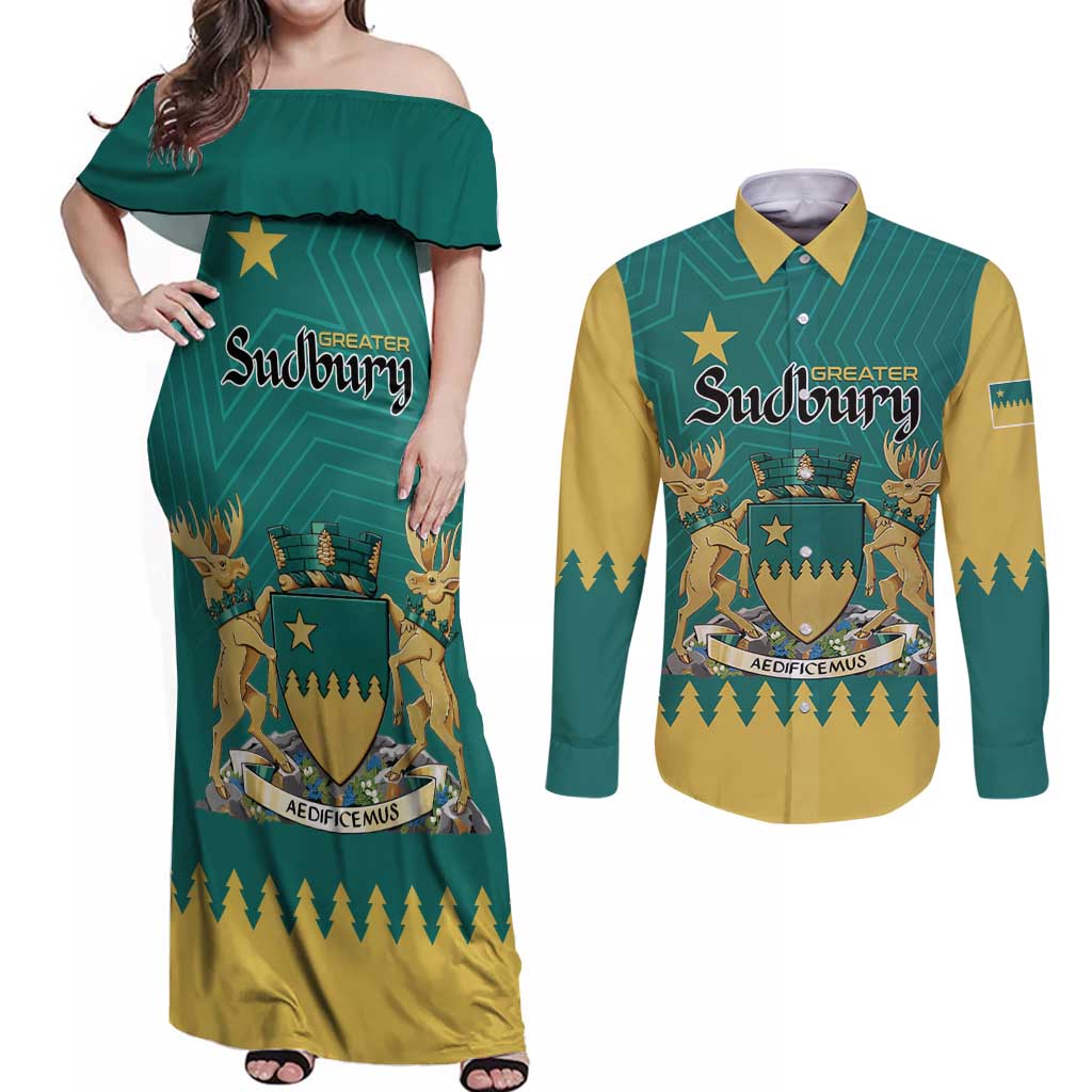Personalised Canada Greater Sudbury Couples Matching Off Shoulder Maxi Dress and Long Sleeve Button Shirt The Nickel Capital Aedificemus