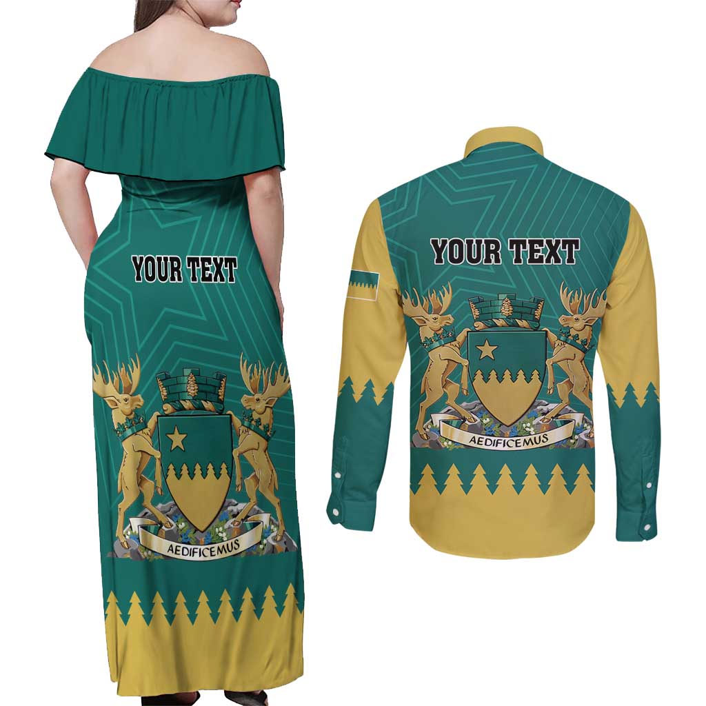 Personalised Canada Greater Sudbury Couples Matching Off Shoulder Maxi Dress and Long Sleeve Button Shirt The Nickel Capital Aedificemus