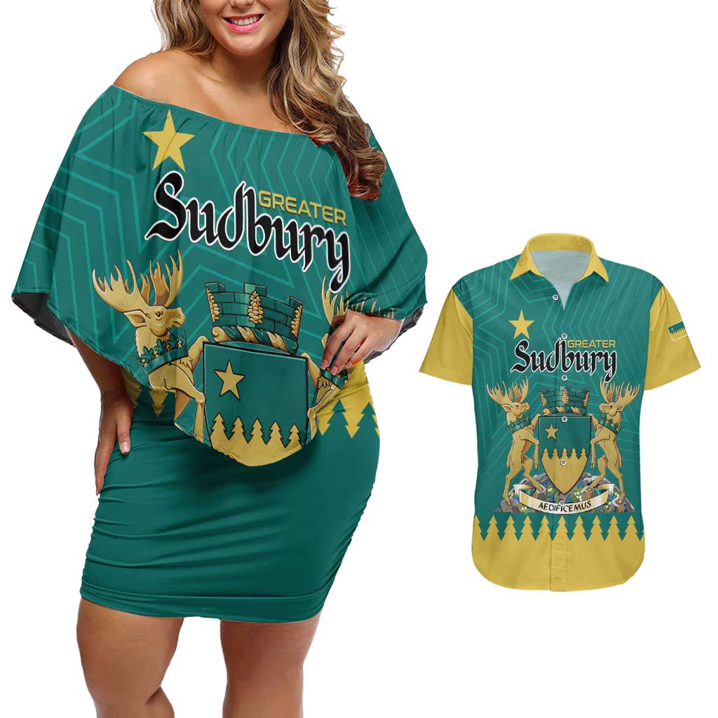 Personalised Canada Greater Sudbury Couples Matching Off Shoulder Short Dress and Hawaiian Shirt The Nickel Capital Aedificemus