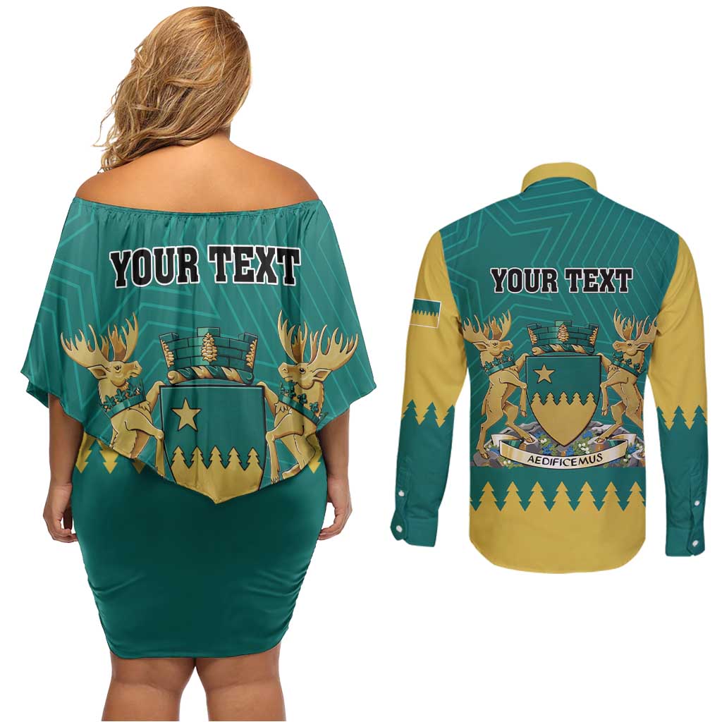 Personalised Canada Greater Sudbury Couples Matching Off Shoulder Short Dress and Long Sleeve Button Shirt The Nickel Capital Aedificemus