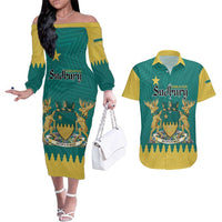 Personalised Canada Greater Sudbury Couples Matching Off The Shoulder Long Sleeve Dress and Hawaiian Shirt The Nickel Capital Aedificemus