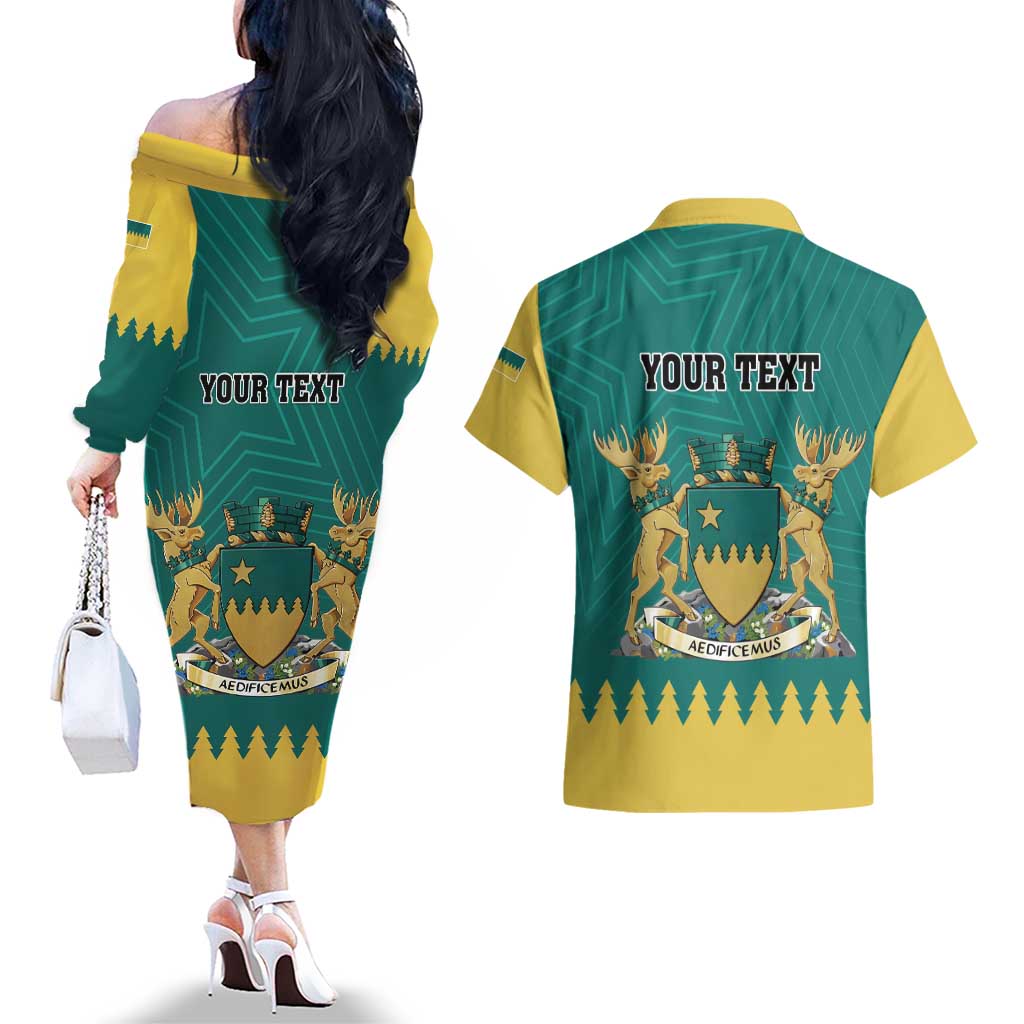 Personalised Canada Greater Sudbury Couples Matching Off The Shoulder Long Sleeve Dress and Hawaiian Shirt The Nickel Capital Aedificemus