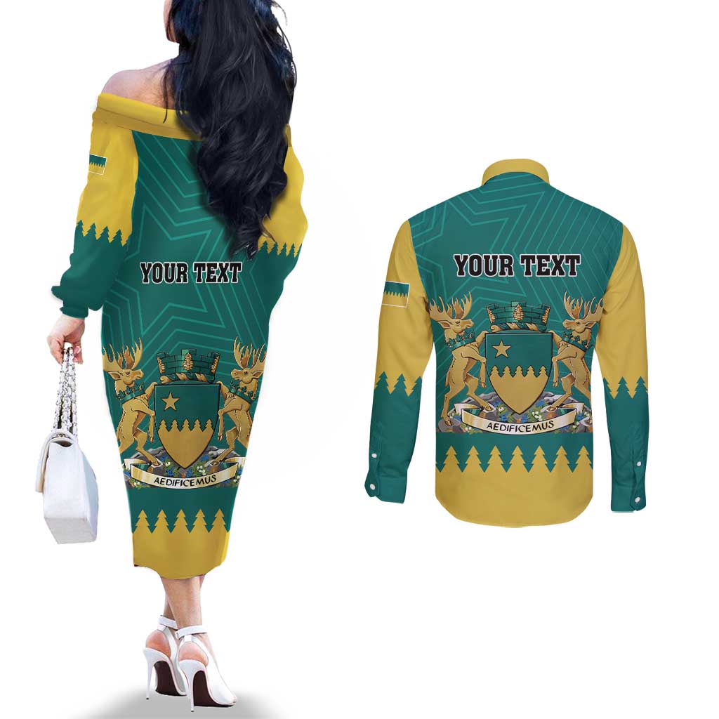 Personalised Canada Greater Sudbury Couples Matching Off The Shoulder Long Sleeve Dress and Long Sleeve Button Shirt The Nickel Capital Aedificemus